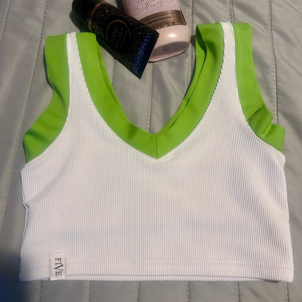FIVE White and Green Kids V-Neck Crop Top